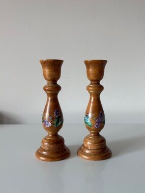 Vintage Wood Spindle Candle Stick Holders Floral Transfer 90s Grandma Cottage